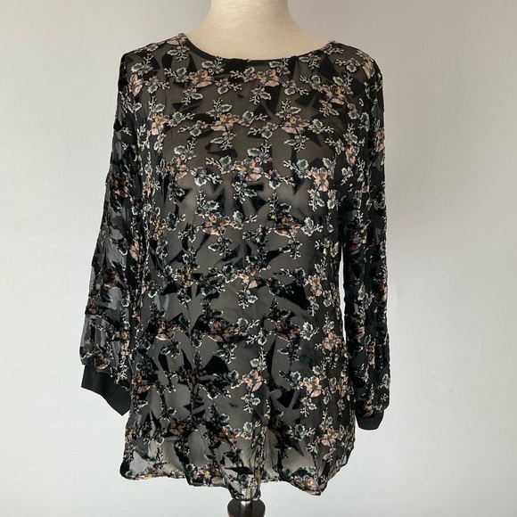 New Rebecca Taylor Womens Top 8 Floral Velvet Semi Sheer Silk Blend Black - Picture 2 of 13